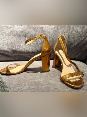 Stuart Weitzman Metallic Gold Textured Block Heel Sandals
